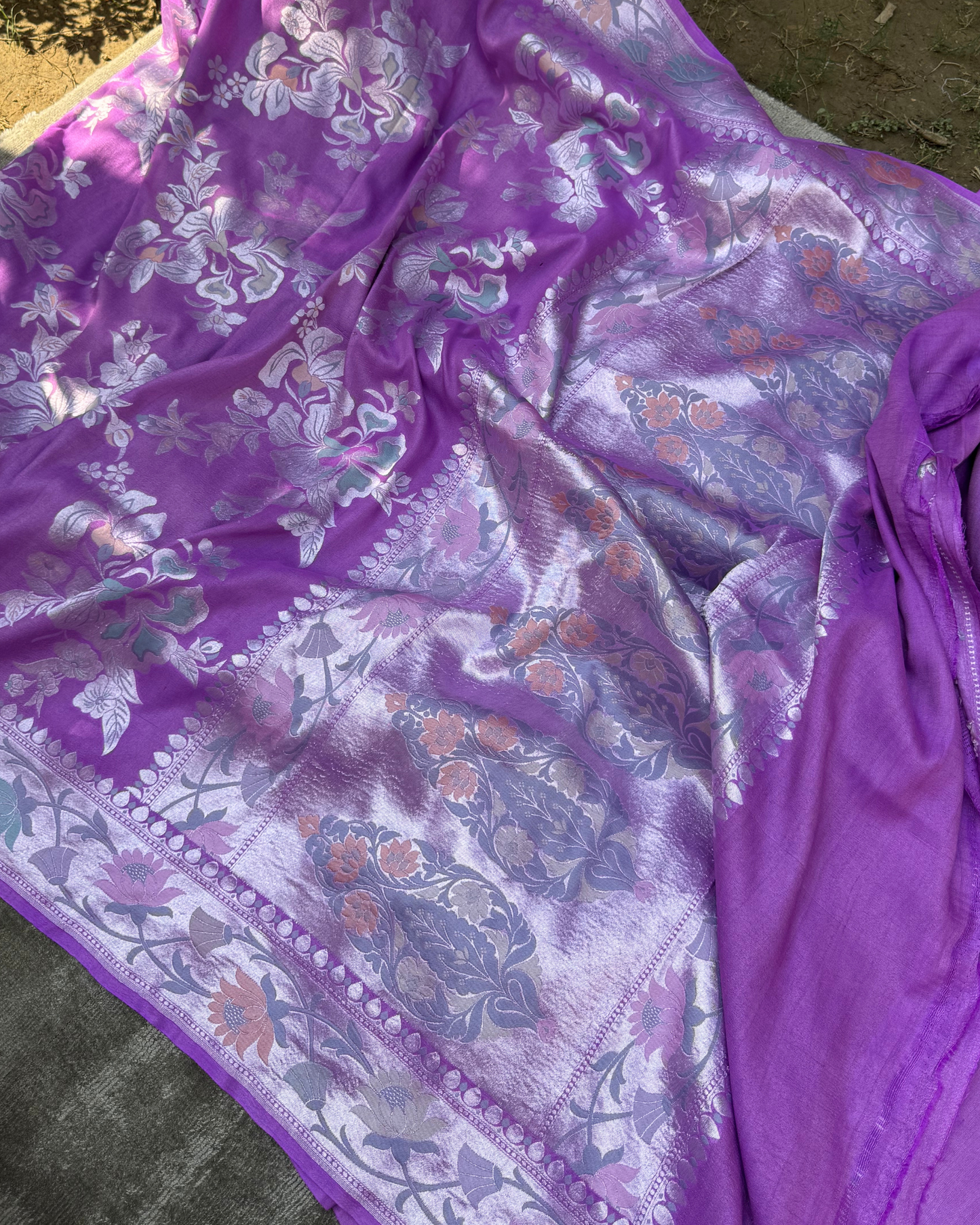 Purple Pink Pure Banarasi Tusser Georgette Saree