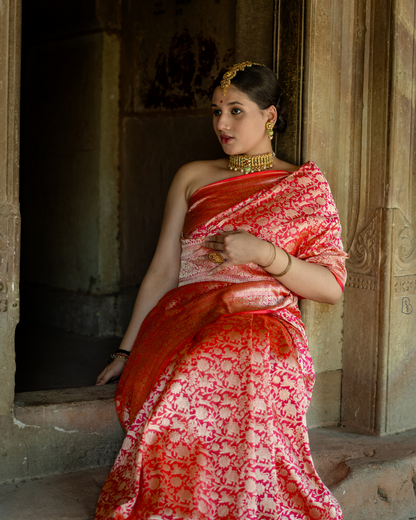 Royal Red Pure Katan Silk Banarasi Shikargah Handloom Saree