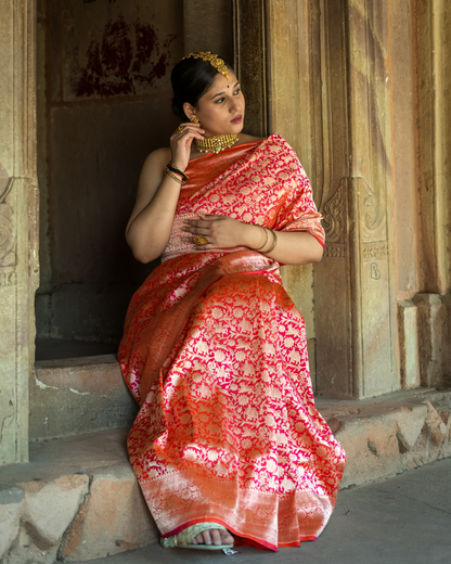 Royal Red Pure Katan Silk Banarasi Shikargah Handloom Saree