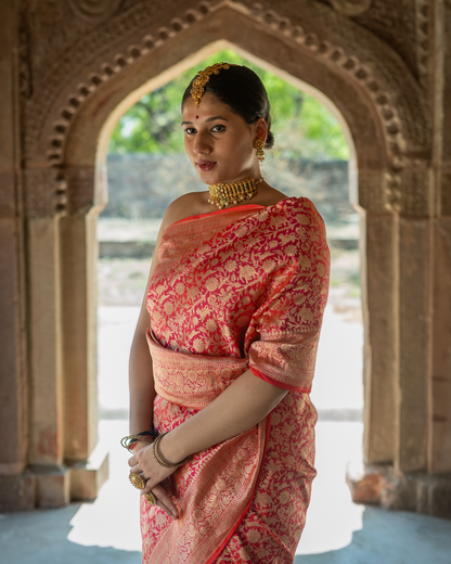 Royal Red Pure Katan Silk Banarasi Shikargah Handloom Saree