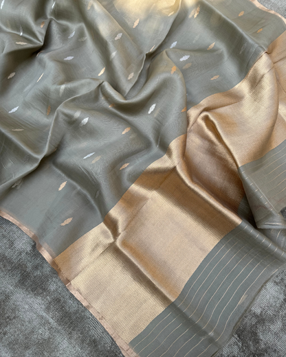 Pure Grey Kora Silk Saree