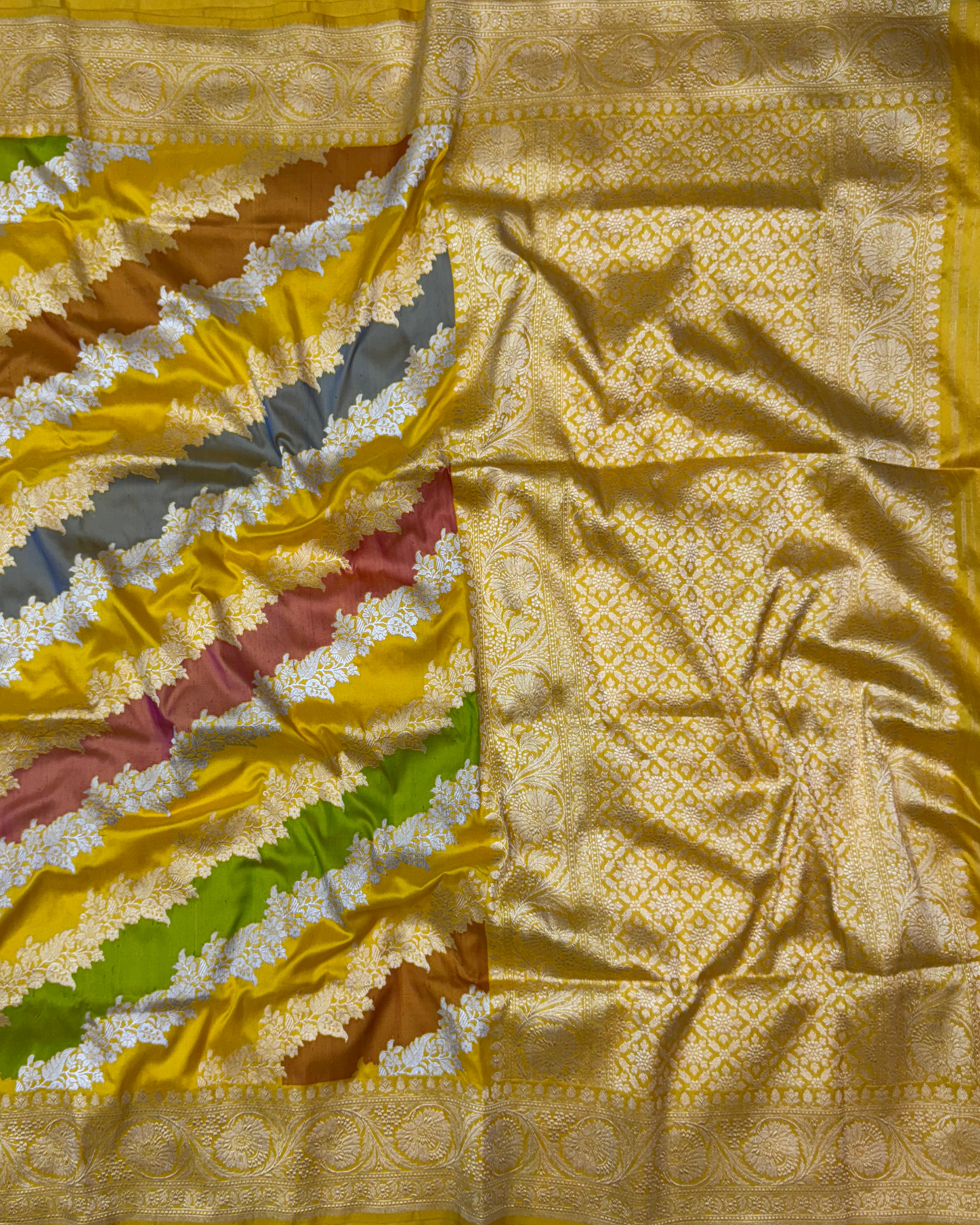 Multicolour Yellow Katan Silk Rangkat Handloom Saree