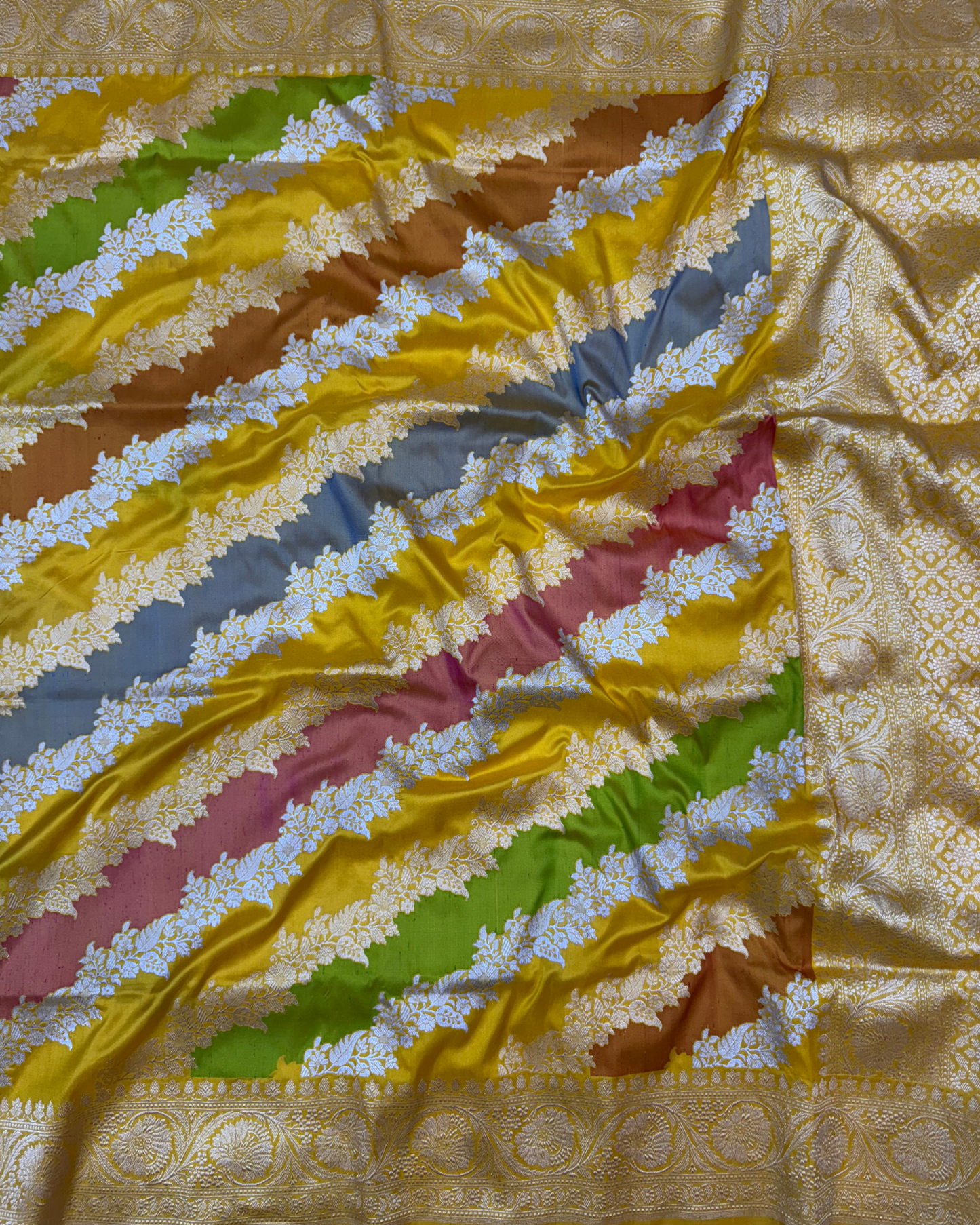 Multicolour Yellow Katan Silk Rangkat Handloom Saree