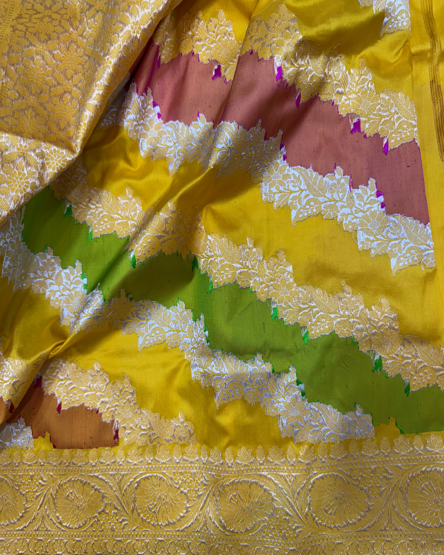 Multicolour Yellow Katan Silk Rangkat Handloom Saree