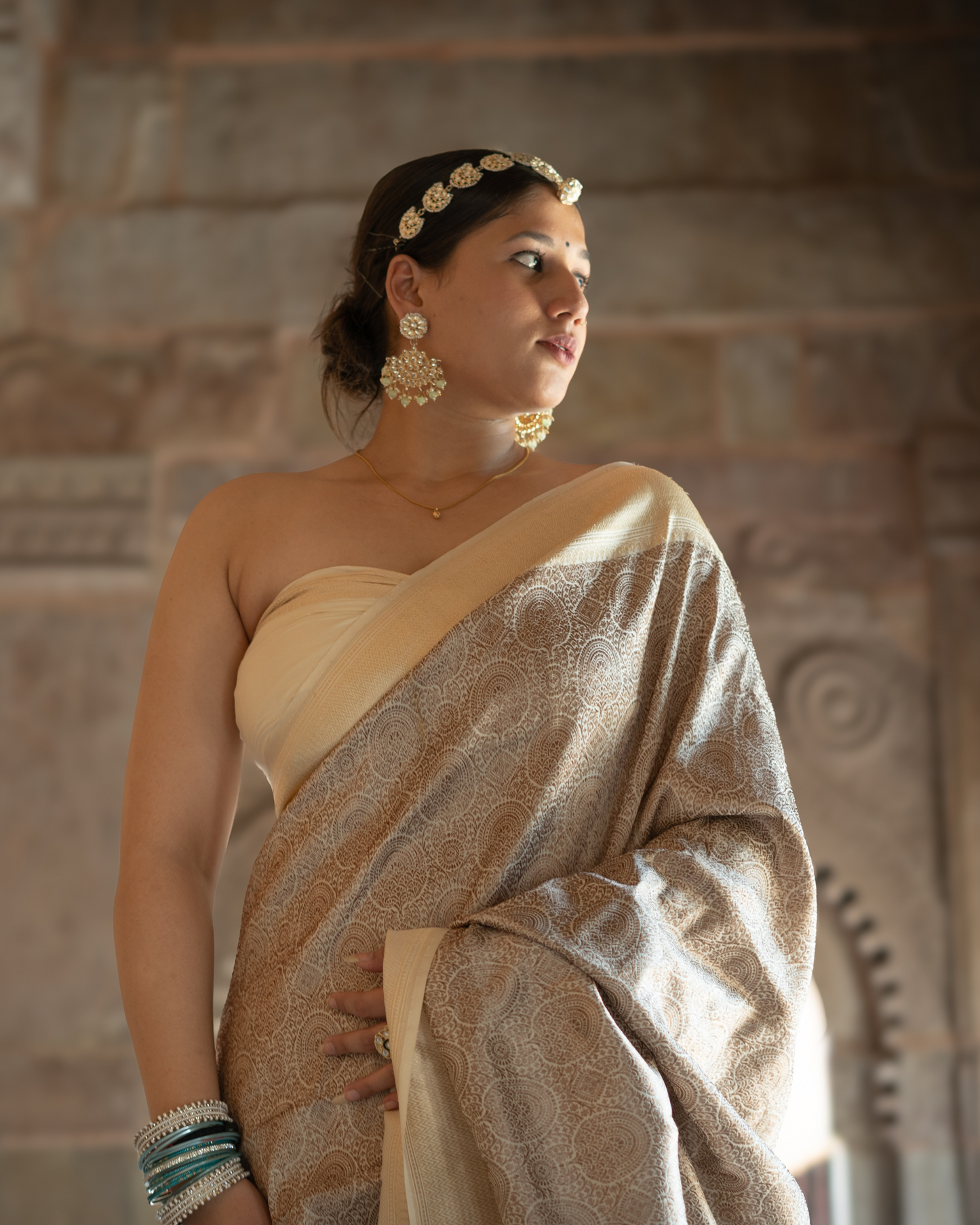 Beige Silk Brocade Pure Banarasi Saree