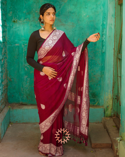 Maroon Red Banarasi Khaddi Chiffon Handloom Saree