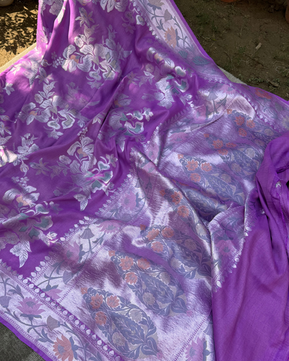 Purple Pink Pure Banarasi Tusser Georgette Saree