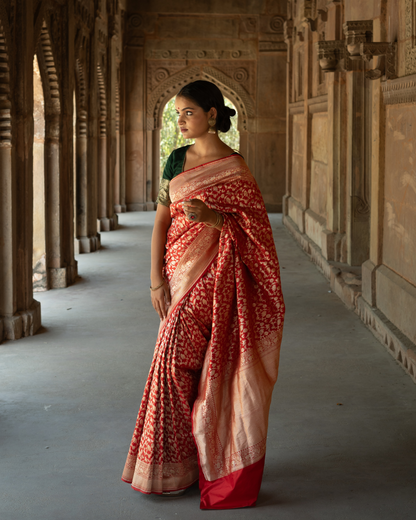 Deep Red Pure Banarasi Katan Handloom Shikargah Saree