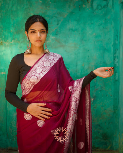 Maroon Red Banarasi Khaddi Chiffon Handloom Saree