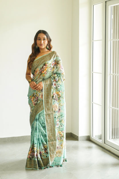 'Fusion' Sea Green Banarasi Chanderi Saree