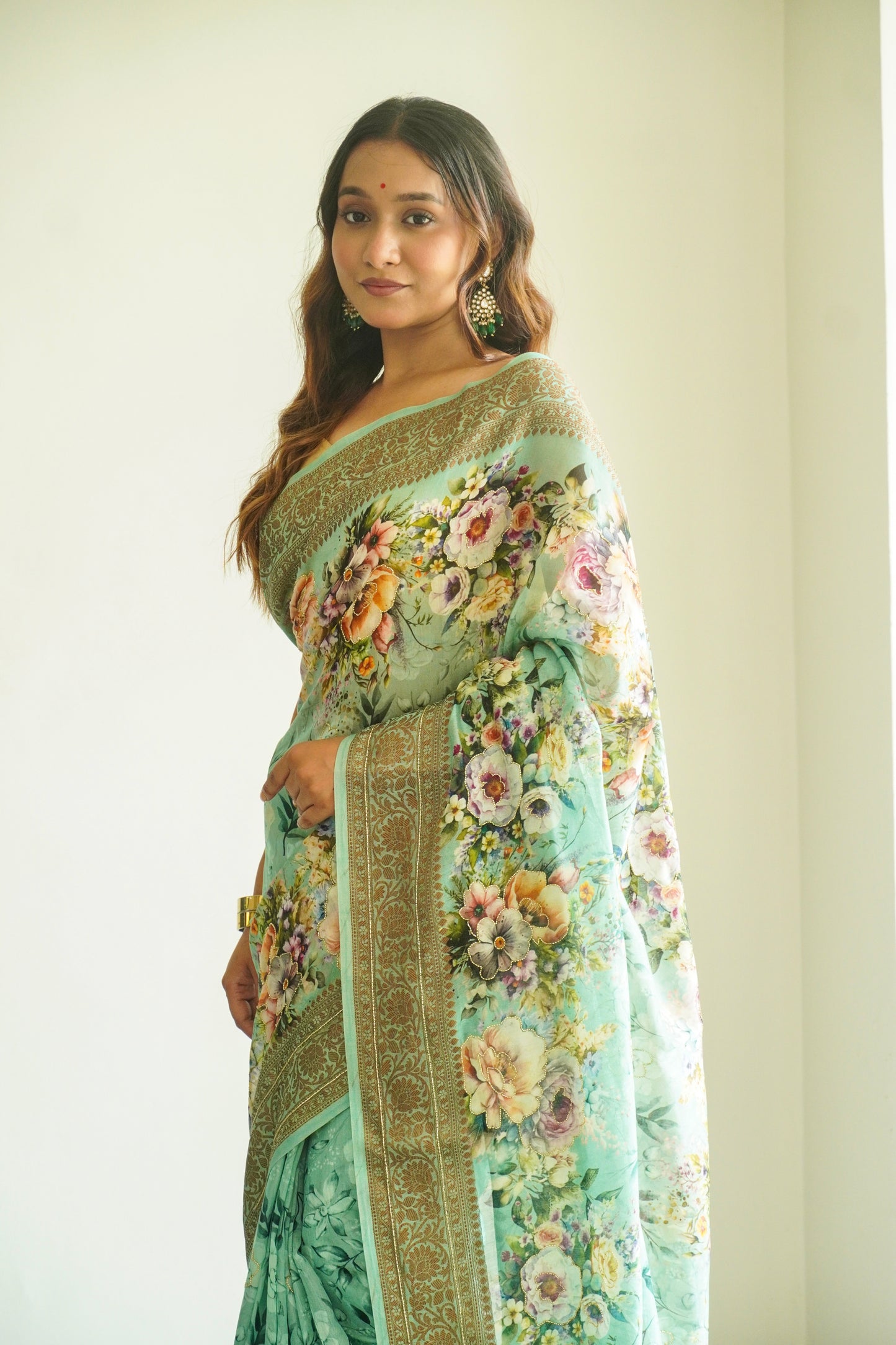 'Fusion' Sea Green Banarasi Chanderi Saree