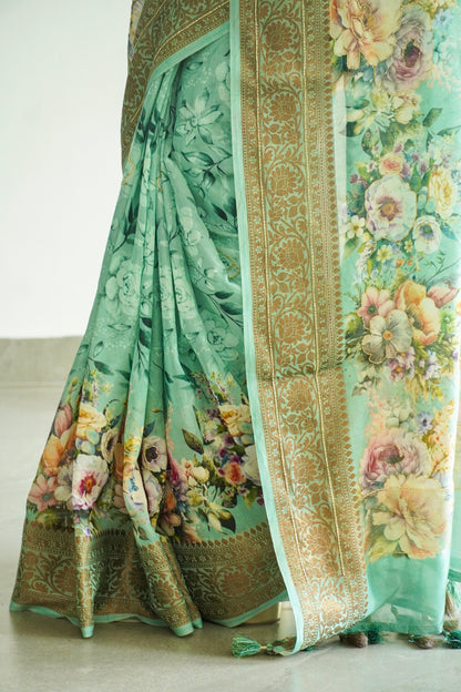 'Fusion' Sea Green Banarasi Chanderi Saree