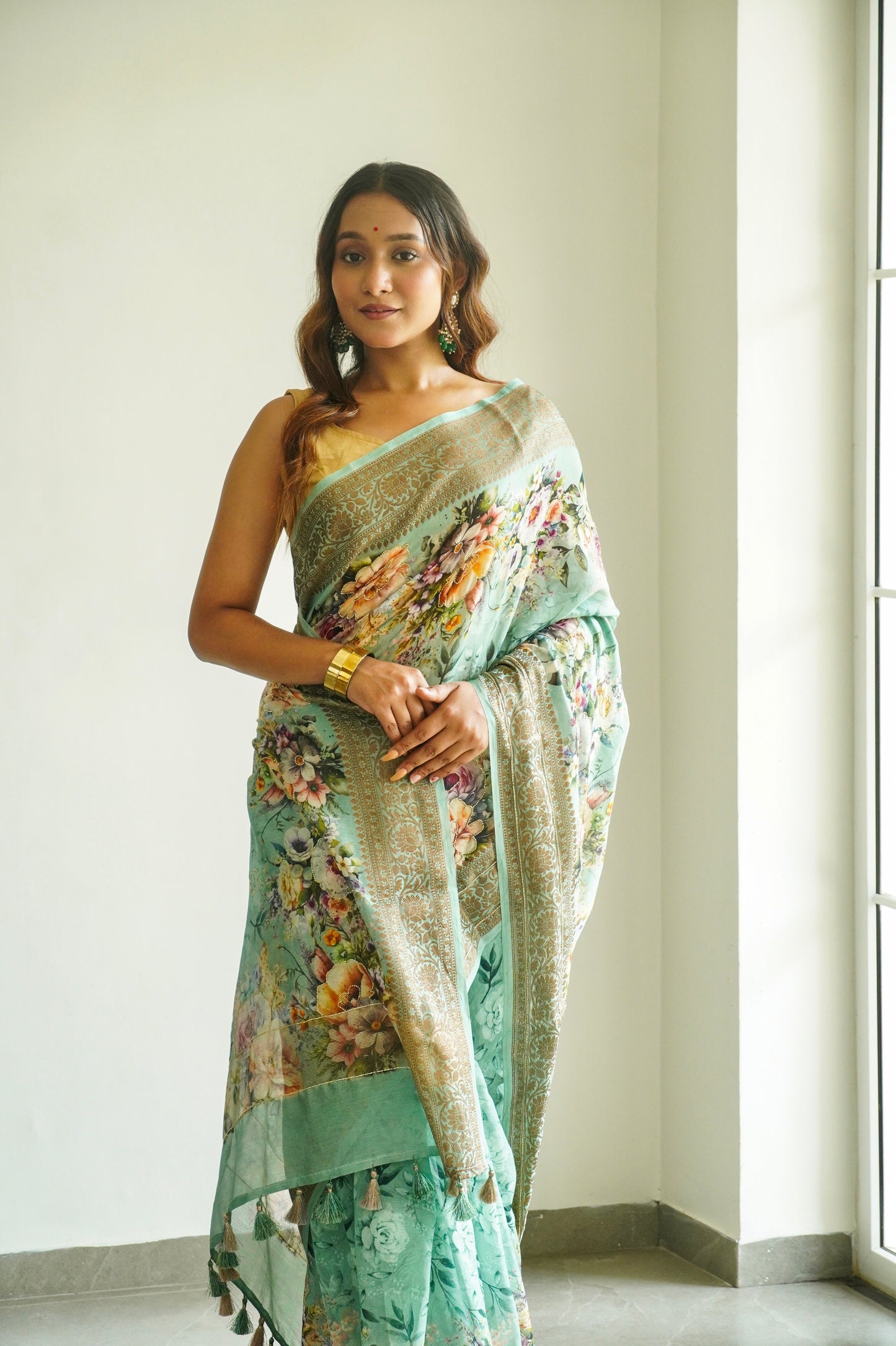 'Fusion' Sea Green Banarasi Chanderi Saree