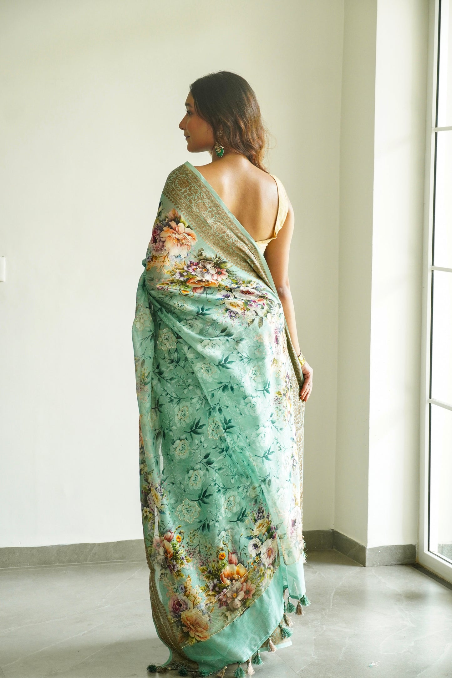 'Fusion' Sea Green Banarasi Chanderi Saree