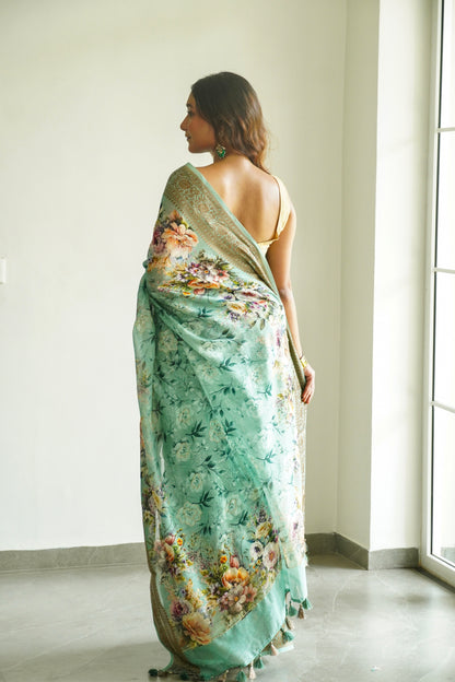 'Fusion' Sea Green Banarasi Chanderi Saree