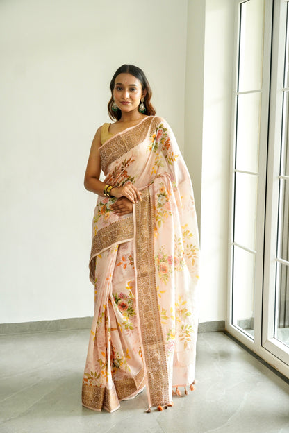 'Fusion' Coral Peach Banarasi Chanderi Saree