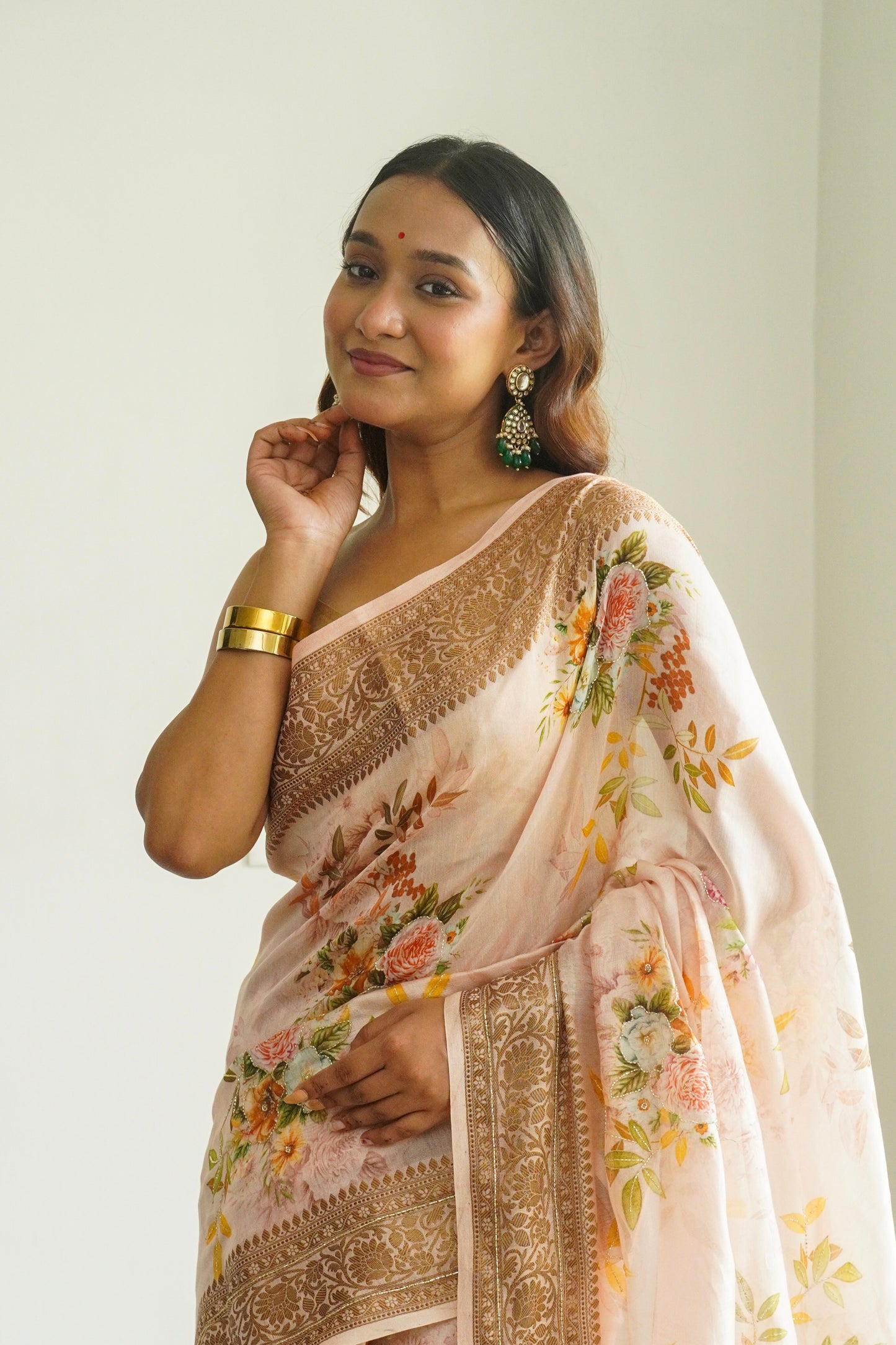 'Fusion' Coral Peach Banarasi Chanderi Saree