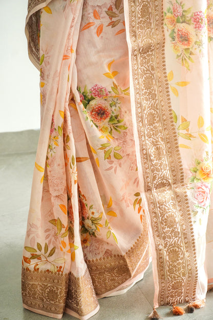 'Fusion' Coral Peach Banarasi Chanderi Saree