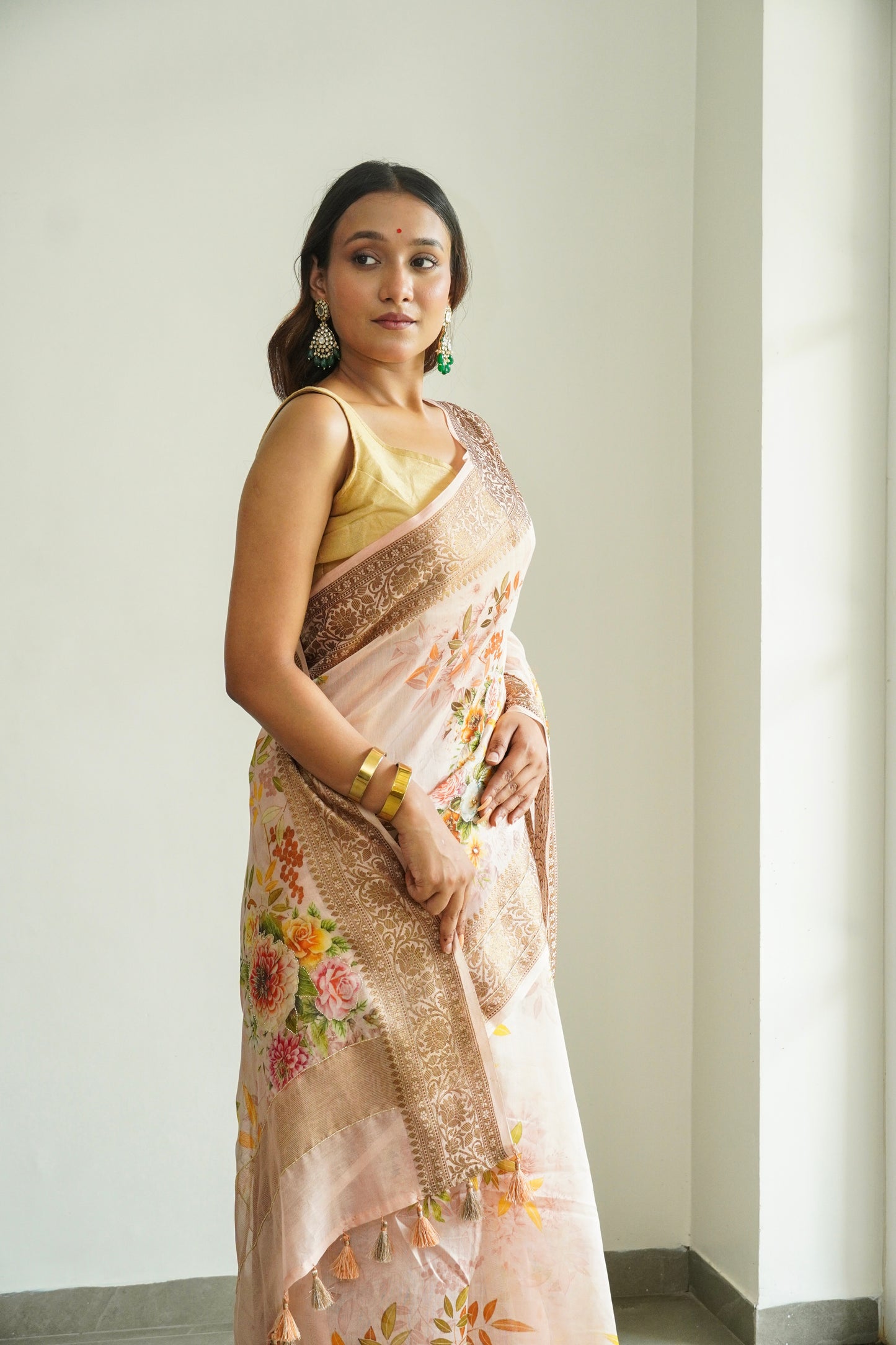 'Fusion' Coral Peach Banarasi Chanderi Saree