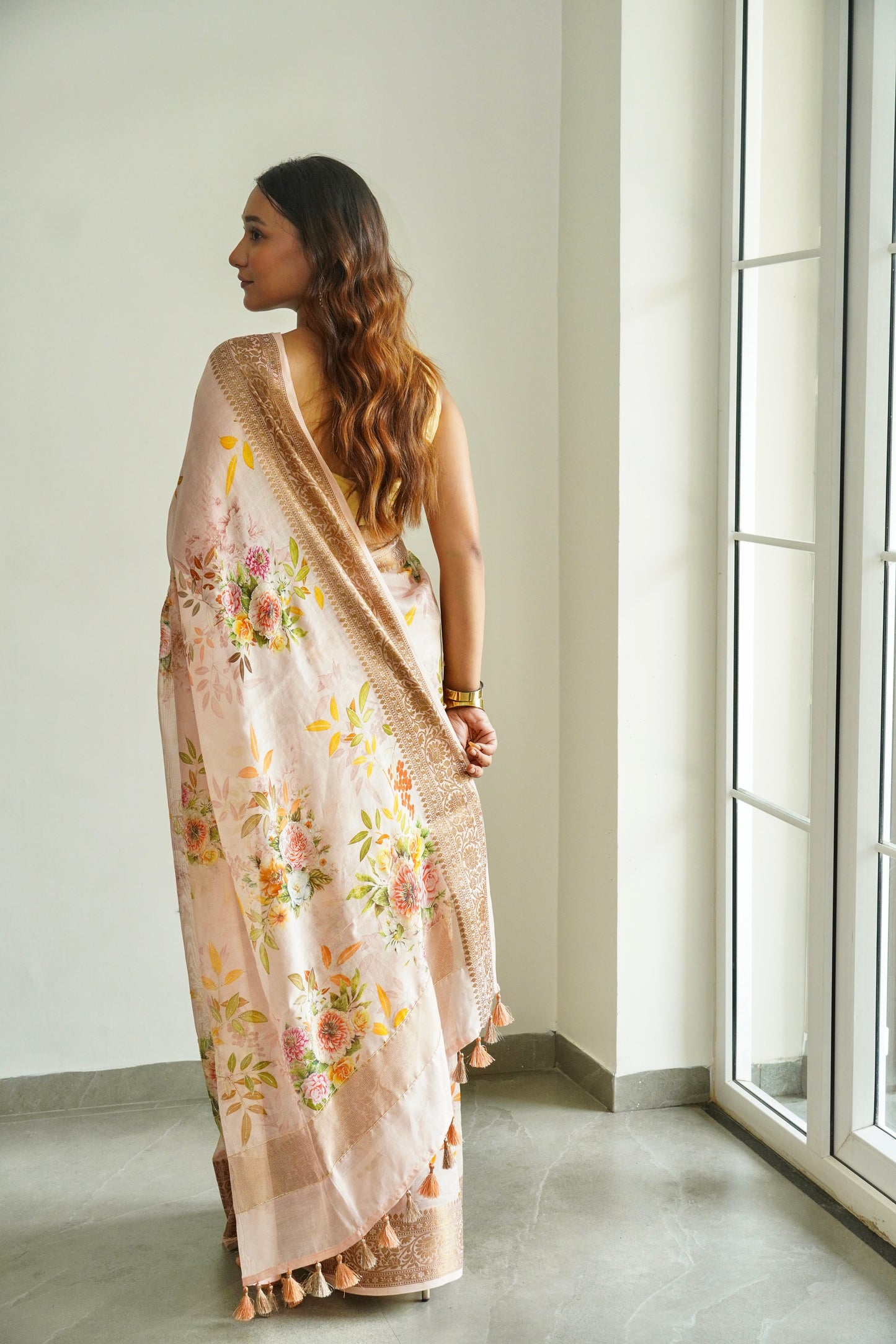 'Fusion' Coral Peach Banarasi Chanderi Saree