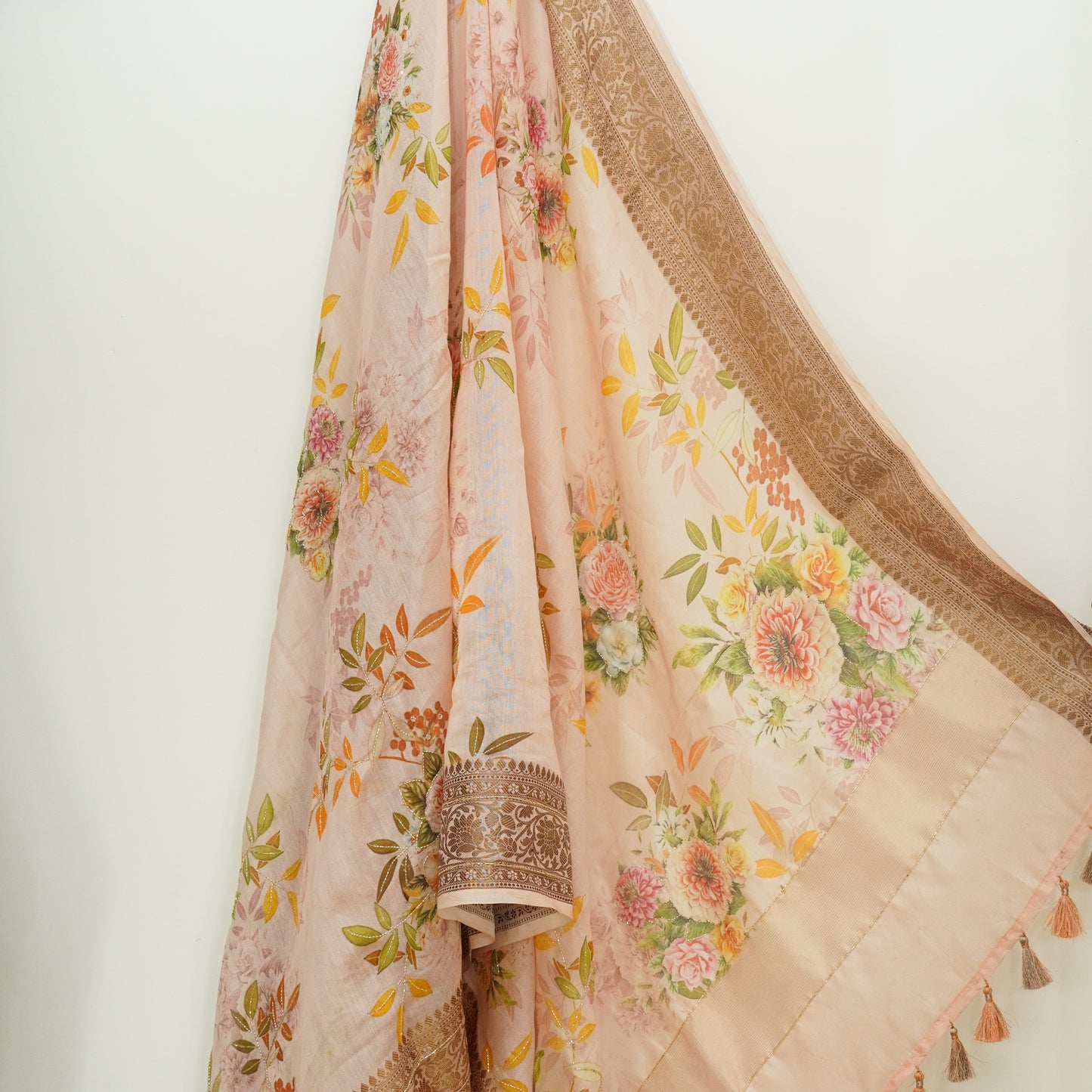 'Fusion' Coral Peach Banarasi Chanderi Saree