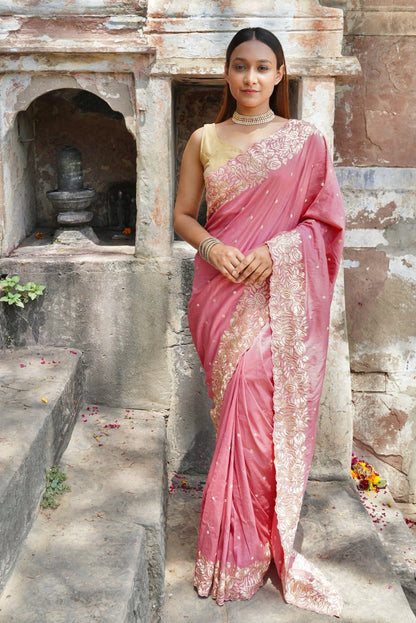 Light Pink Pure Chinya Banarasi Silk Saree