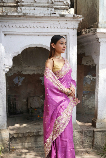 Magenta Pink Pure Chinya Banarasi Silk Saree