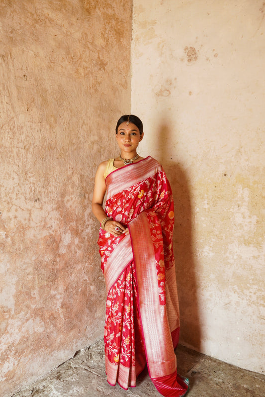 'Aayat' Deep Pink Floral Tilfi Banarasi Katan Jaal