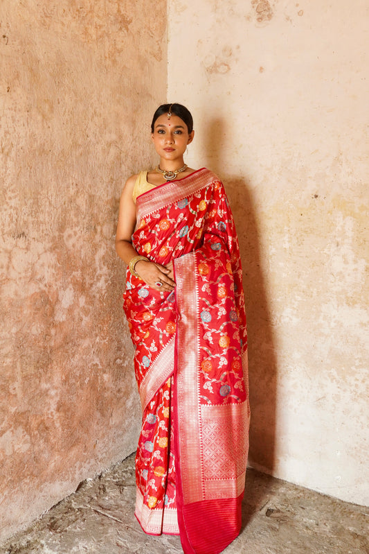 'Aayat' Red Katan Floral Meenakari Banarasi Jaal Saree