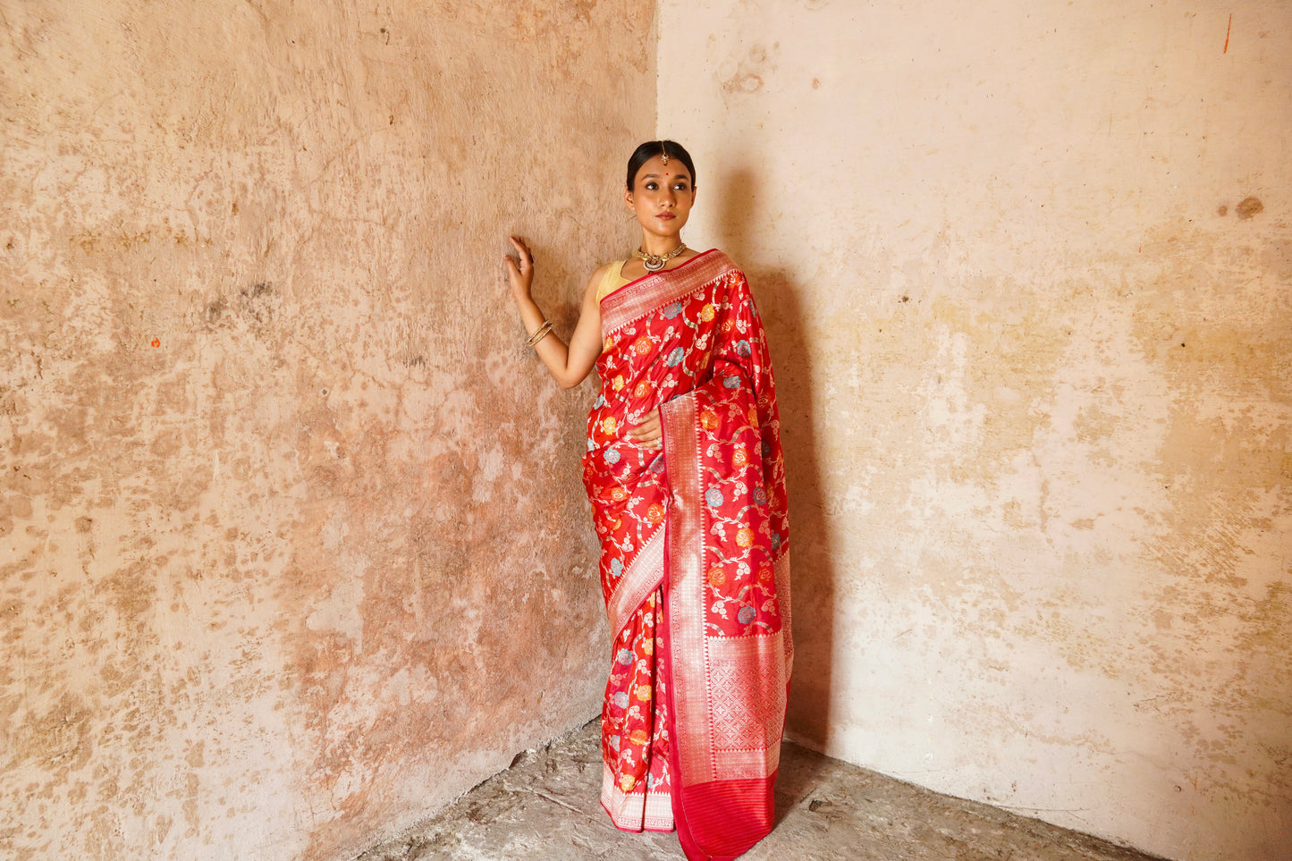 'Aayat' Red Katan Floral Meenakari Banarasi Jaal Saree