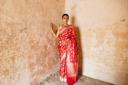 'Aayat' Red Katan Floral Meenakari Banarasi Jaal Saree