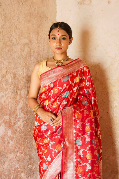 'Aayat' Red Katan Floral Meenakari Banarasi Jaal Saree