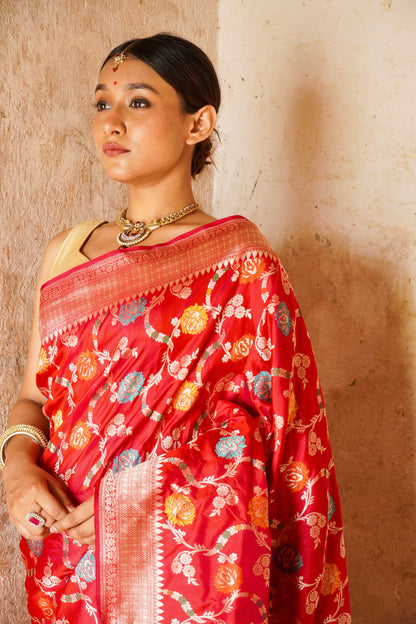 'Aayat' Red Katan Floral Meenakari Banarasi Jaal Saree