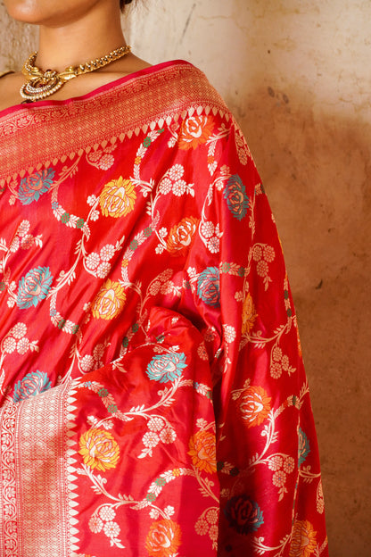 'Aayat' Red Katan Floral Meenakari Banarasi Jaal Saree