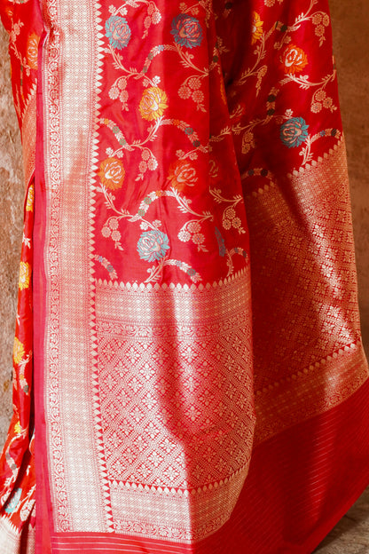 'Aayat' Red Katan Floral Meenakari Banarasi Jaal Saree