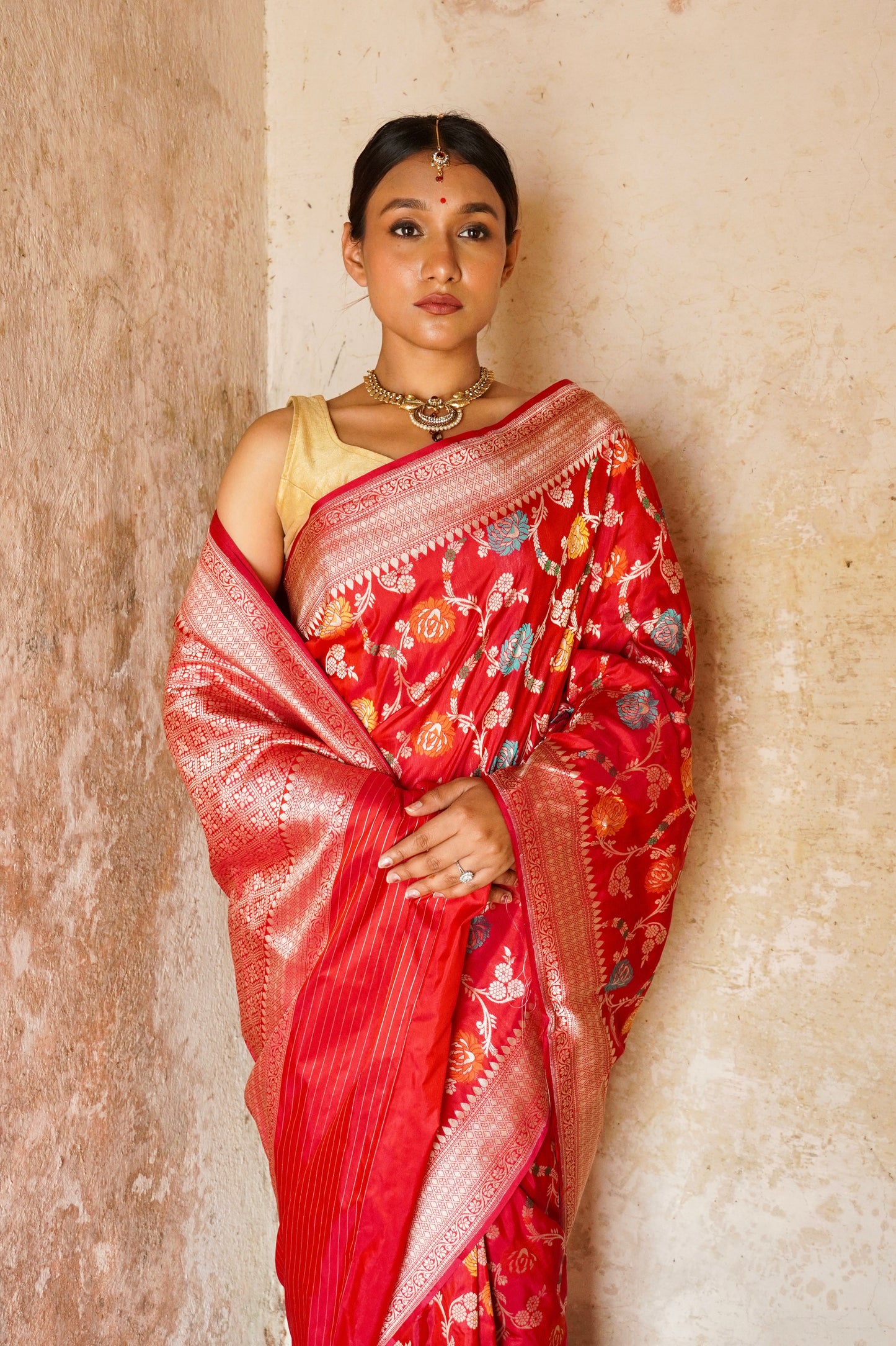 'Aayat' Red Katan Floral Meenakari Banarasi Jaal Saree