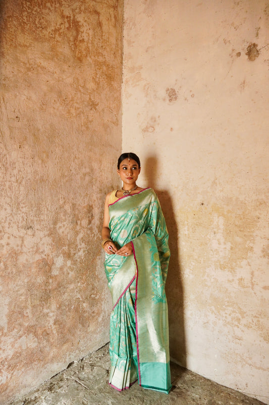 'Aayat' Light Green Katan Floral Tilfi Banarasi Jaal Saree