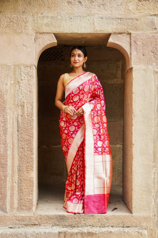 'Aayat' Red Katan Floral Tilfi Banarasi Jaal Saree