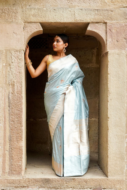 'Aayat' Pale Blue Floral Shikargah Boota Katan Saree