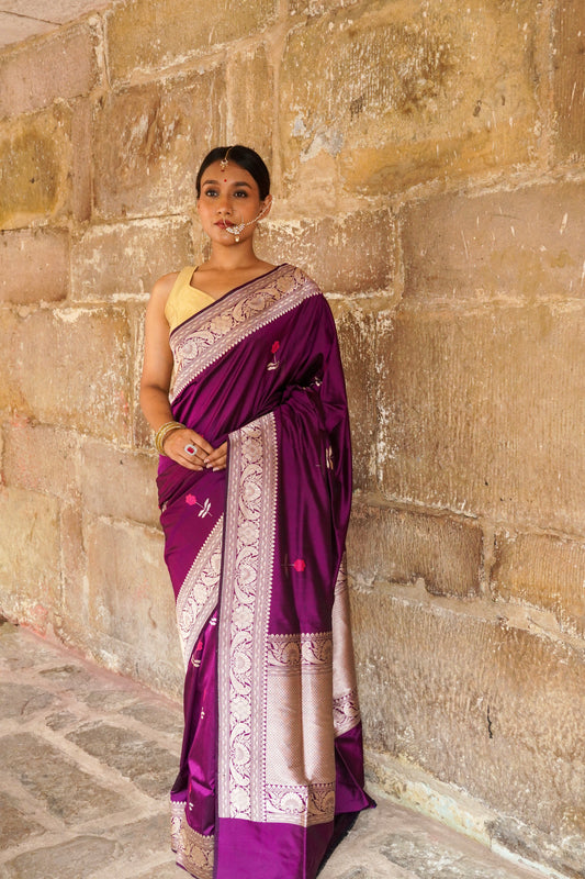 'Aayat' Wine Alfi Handweave Banarasi Katan Saree