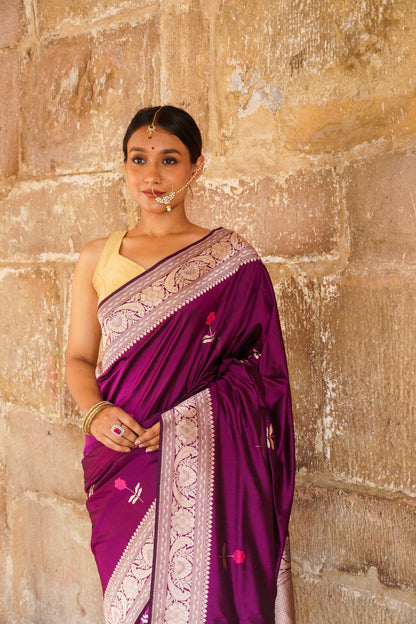 'Aayat' Wine Alfi Handweave Banarasi Katan Saree