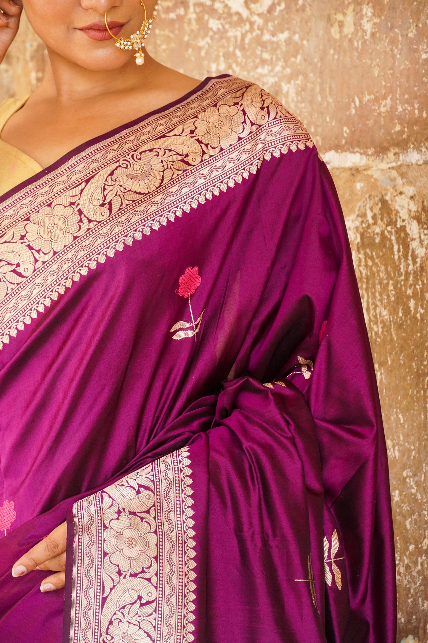 'Aayat' Wine Alfi Handweave Banarasi Katan Saree