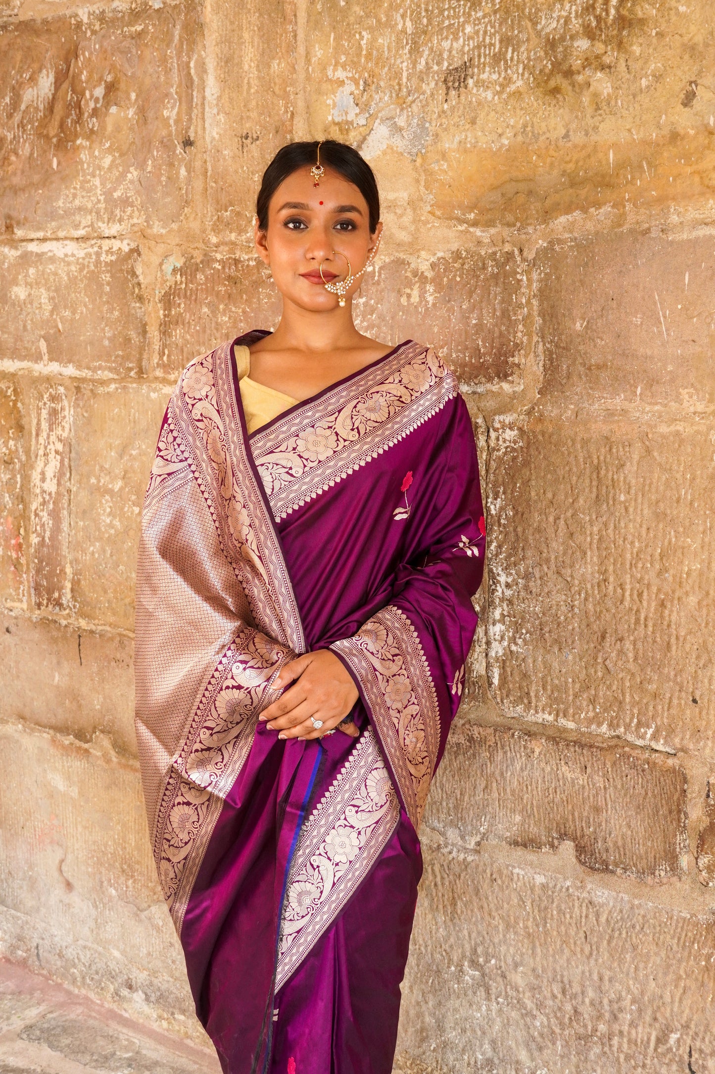 'Aayat' Wine Alfi Handweave Banarasi Katan Saree