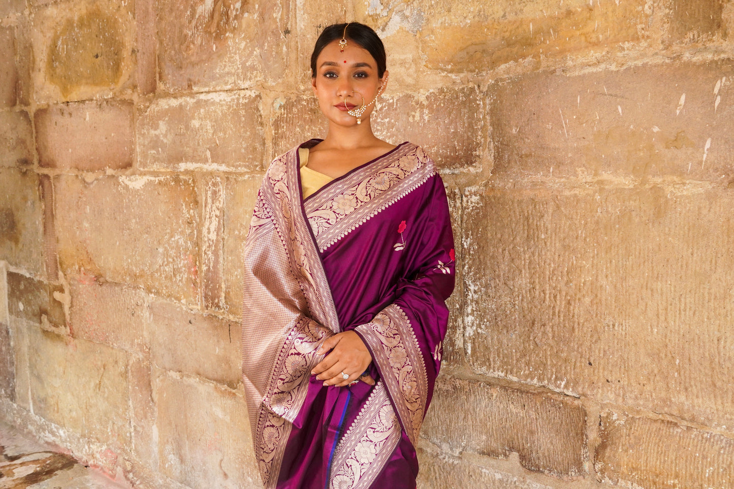 'Aayat' Wine Alfi Handweave Banarasi Katan Saree