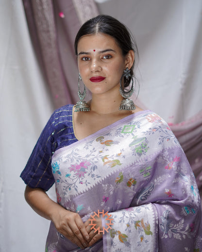 Lavender Tusser Georgette Banarasi Handloom Saree